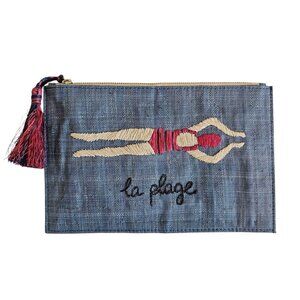 Kayu Philippines LA PLAGE Handmade Straw Woven Clutch Tassel Purse Blue Swimming